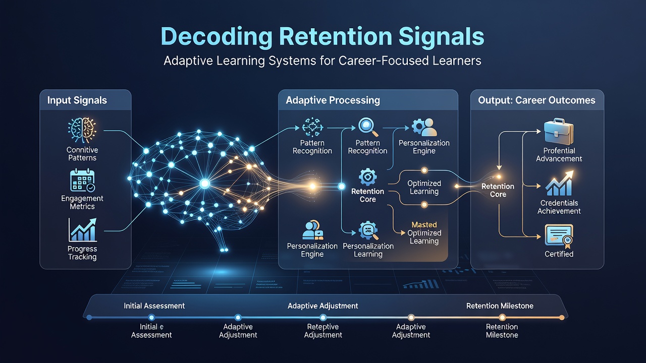 Career learner interacting with adaptive system interface highlighting progress tracking and signal-based recommendations