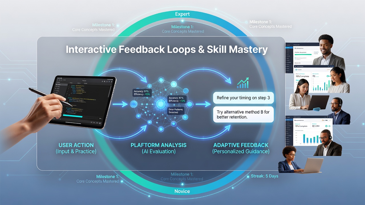Detailed view of skill mastery progress charts within an adaptive learning module highlighting feedback loop iterations and achievement milestones